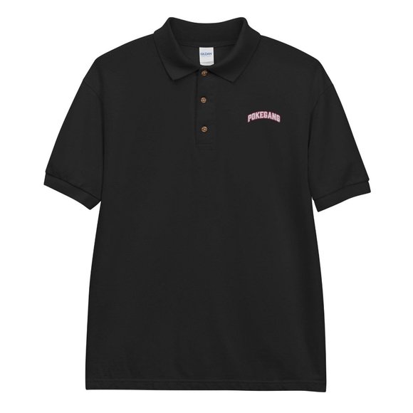 PokeGang Men's Black Short Sleeve Button Up Pink Logo Sport Polo Shirt Size S - Picture 1 of 6